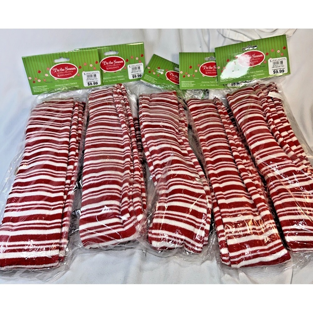 Set of 5 NWT Kirkland's Red/White Striped Fabric Garland 3 " Wide 45 Feet Total